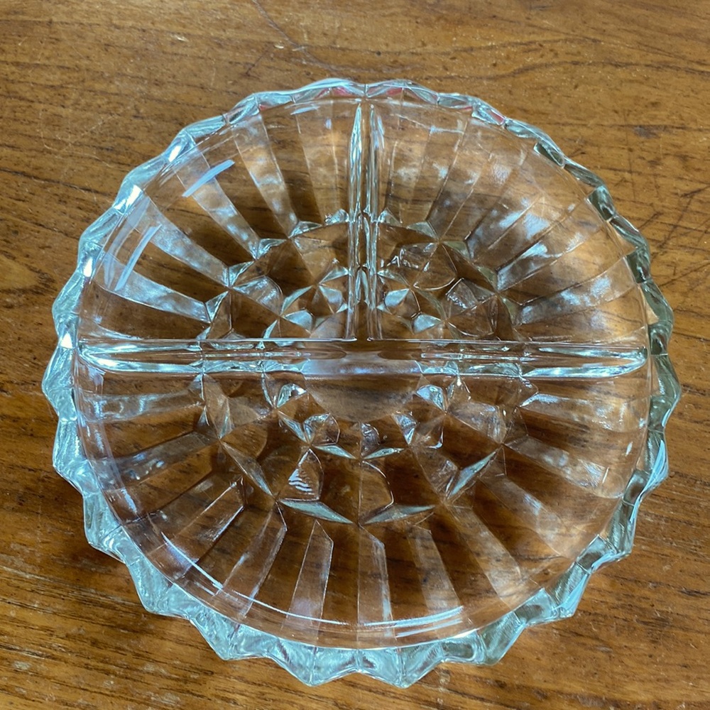 Vintage round clear pressed glass three section mid-century relish dish